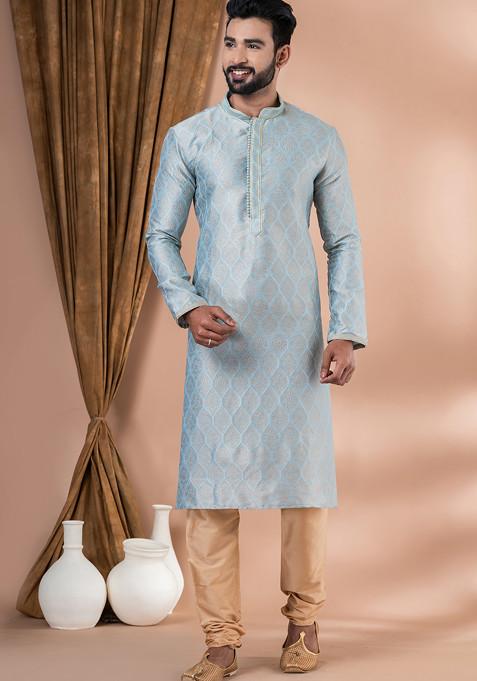 Sky Blue Jacquard Kurta Pyjama For Men