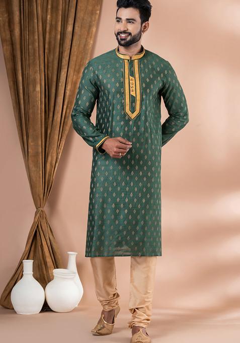 Rama Green Jacquard Cotton Kurta Pyjama Set For Men
