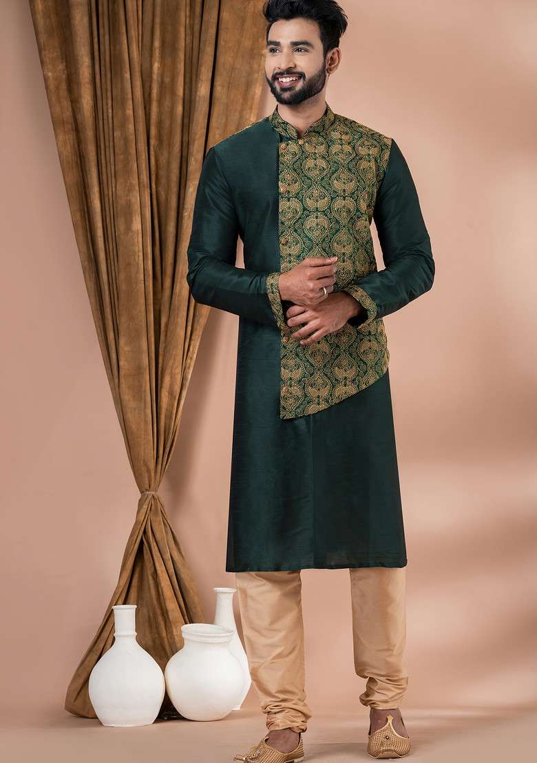 Rama Green Jacquard Kurta Pyjama For Men - Indya