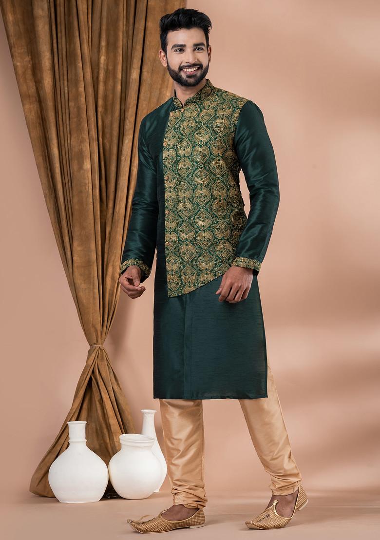 Rama Green Jacquard Kurta Pyjama For Men