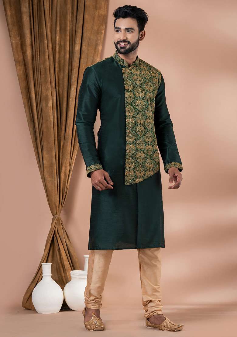 Rama Green Jacquard Kurta Pyjama For Men - Indya