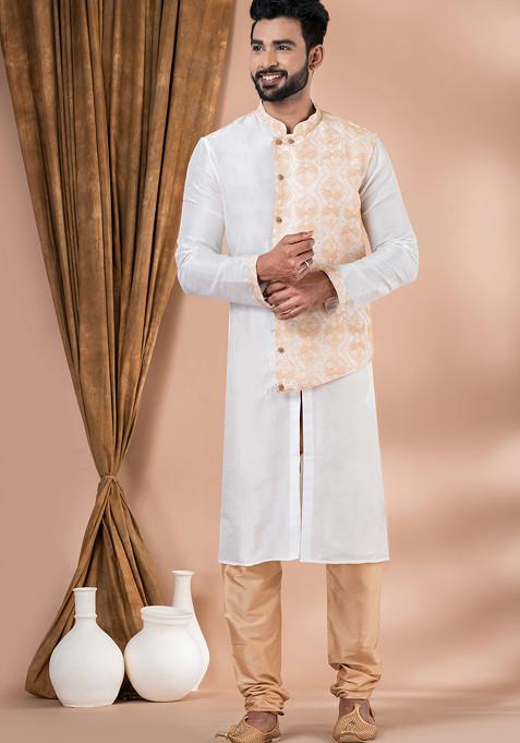 White Jacquard Kurta Pyjama Set For Men