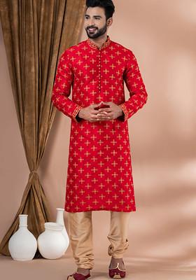 Red Jacquard Dupion Kurta Pyjama Set For Men