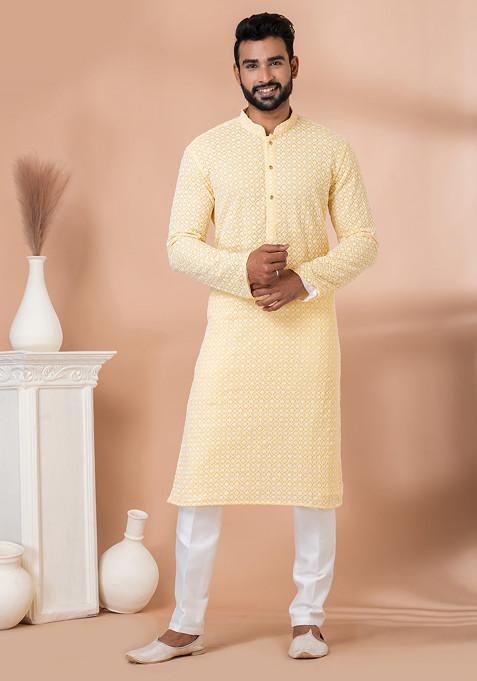 Yellow Jacquard Georgette Kurta Pyjama Set For Men