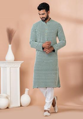 Rama Green Jacquard Kurta Pyjama Set For Men
