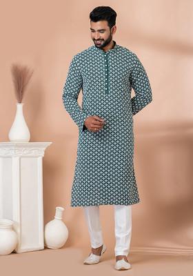 Rama Green Jacquard Kurta Set For Men