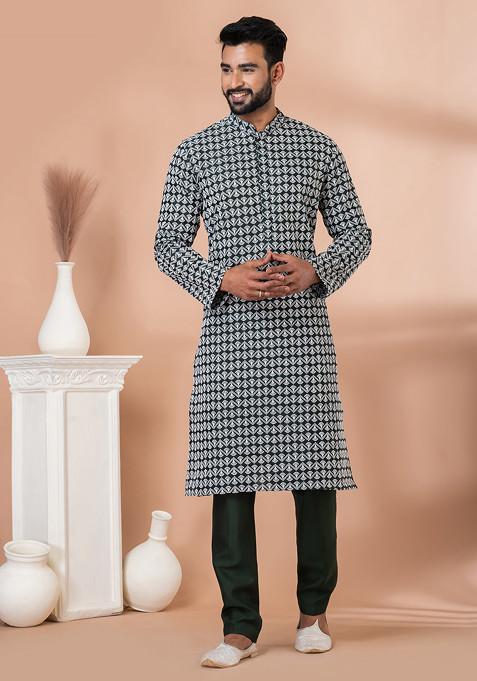 Rama Green Embroidered Kurta Pyjama Set For Men