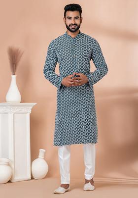 Teal Green Embroidered Kurta Pyjama Set For Men