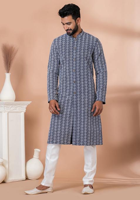 Navy Blue Embroidered Kurta Pyjama Set For Men