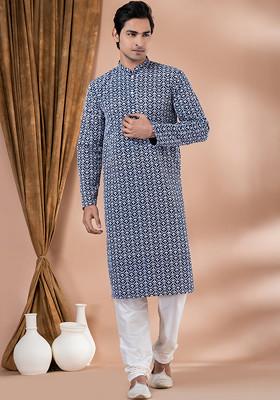Navy Blue Embroidered Cotton Kurta Pyjama Set For Men