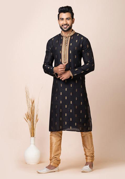 Black Cotton Jacquard Kurta Set