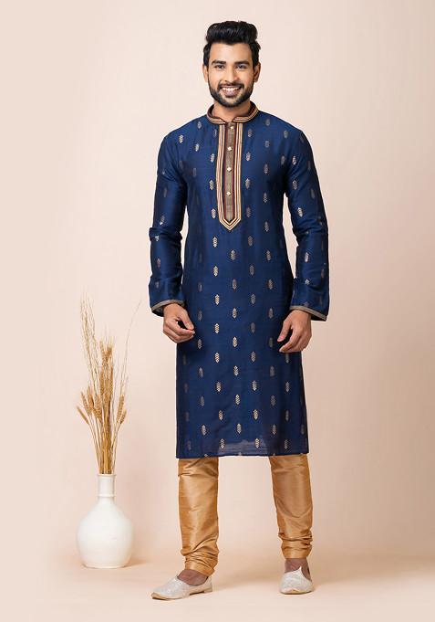 Royal Blue Cotton Jacquard Kurta Set