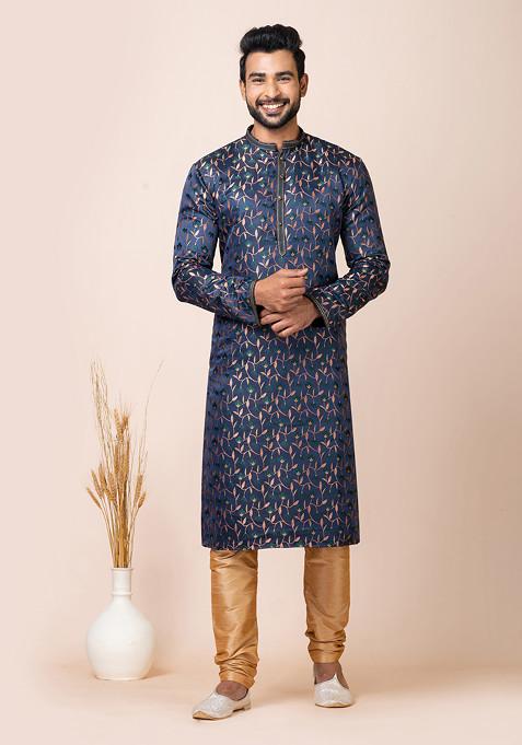 Navy Blue Cotton Jacquard Kurta Set