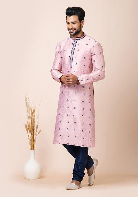 Peach Pink Cotton Jacquard Kurta Set