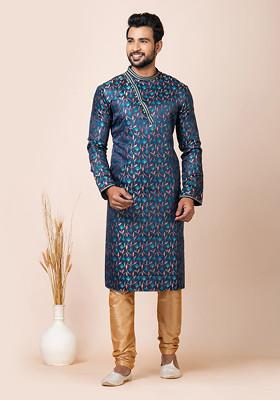 Navy Blue Cotton Jacquard Kurta Set