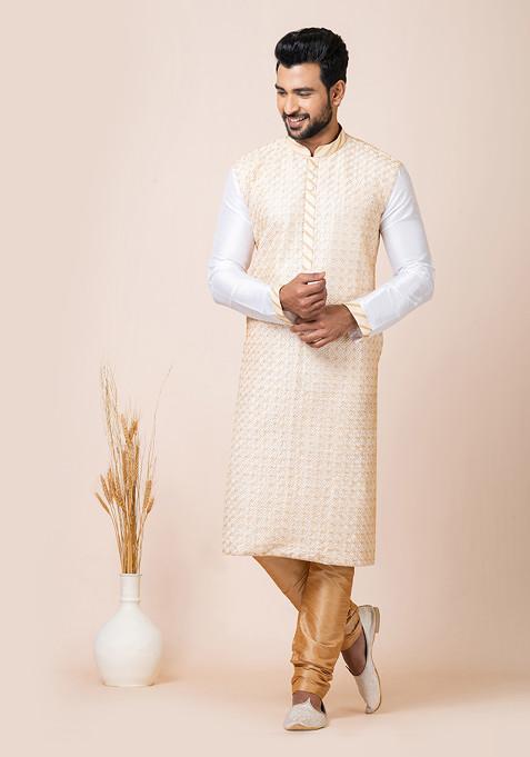 White Jacquard Embroidered Cotton Kurta Set