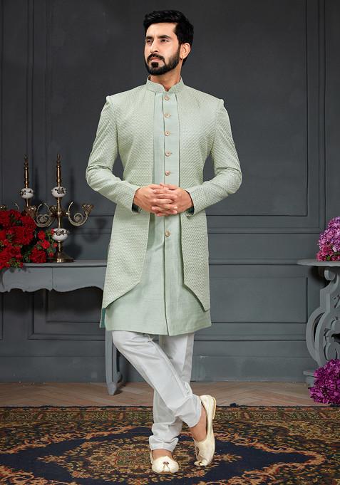 Pista Silk Indo Western Jacket And Kurta Set For Men