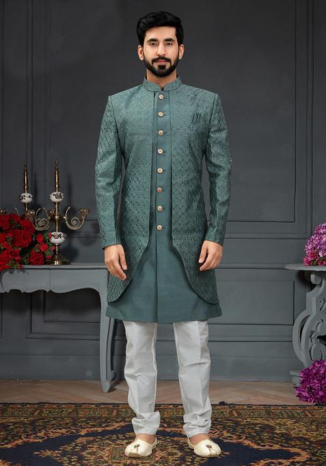 Dusty Green Embroidered Silk Indo Western Jacket And Kurta Set For Men