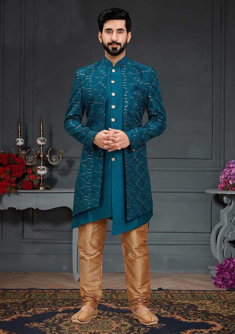 Buy Peacock Blue Embroidered Indo Western Jacket And Kurta Set For