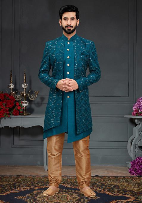 Peacock Blue Embroidered Indo Western Jacket And Kurta Set For Men