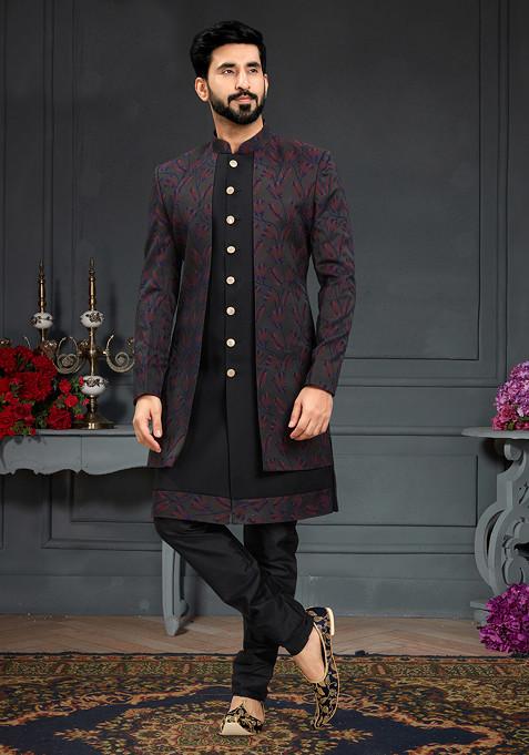 Black Embroidered Silk Indo Western Jacket And Kurta Set For Men