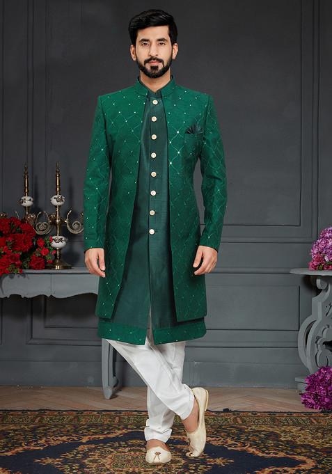 Green Embroidered Silk Indo Western Jacket And Kurta Set For Men