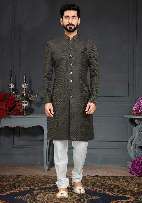 Mehendi Green Embroidered Jacquard Indo Western Sherwani Set For Men