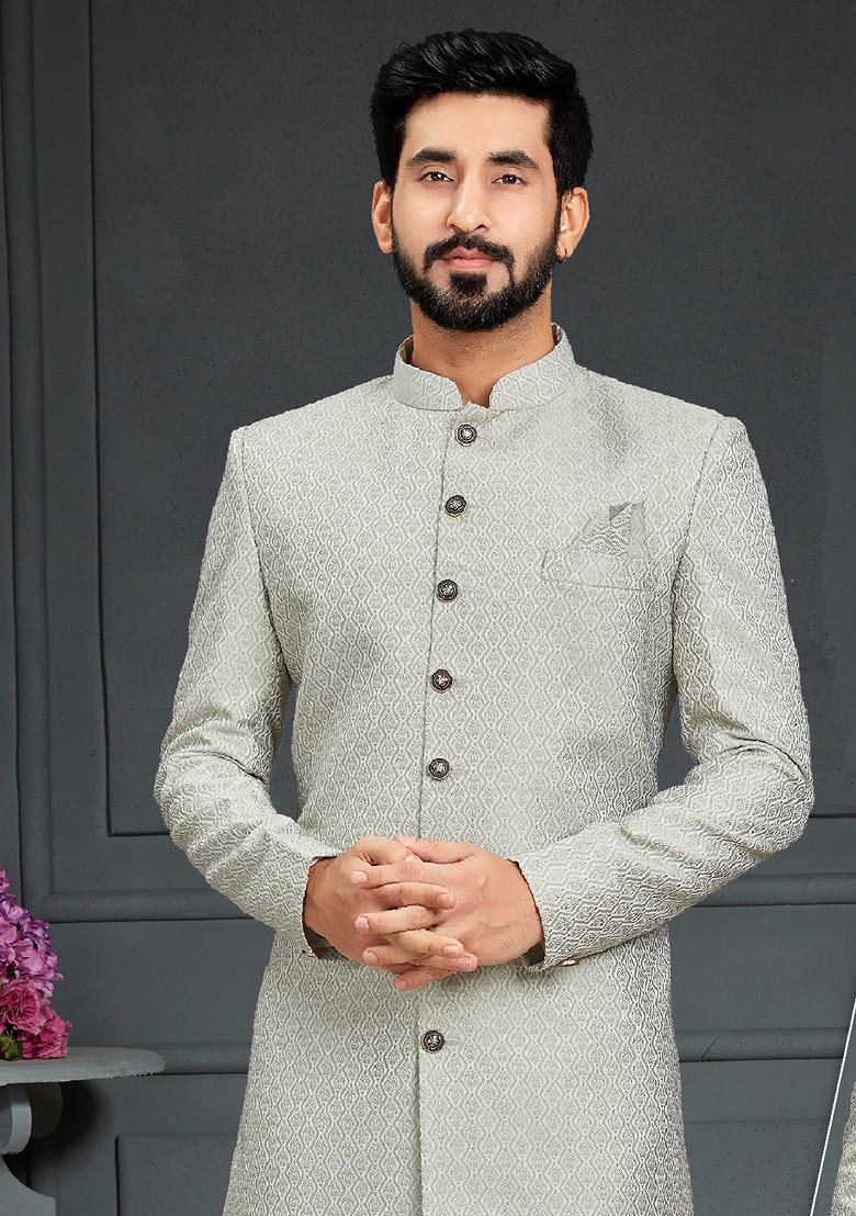 Dusty Pista Embroidered Jacquard Indo Western Sherwani Set For Men