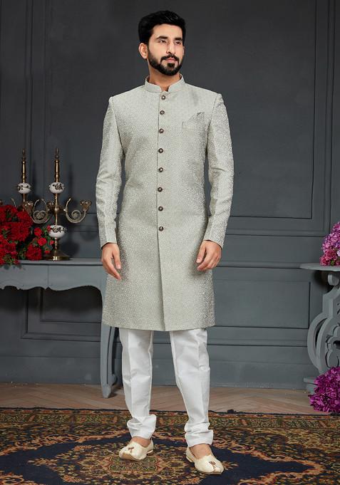 Dusty Pista Embroidered Jacquard Indo Western Sherwani Set For Men