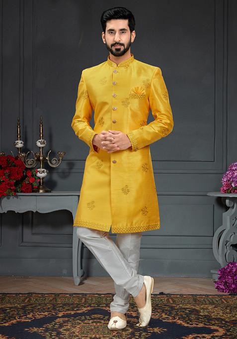 Yellow Embroidered Jacquard Indo Western Sherwani Set For Men