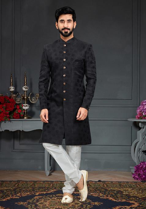 Black Embroidered Jacquard Indo Western Sherwani Set For Men