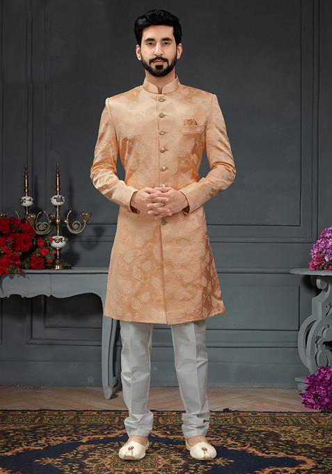 Peach Embroidered Jacquard Indo Western Sherwani Set For Men