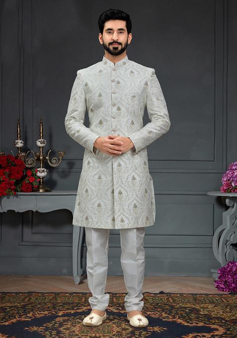 White Embroidered Jacquard Indo Western Sherwani Set For Men