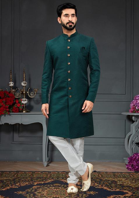 Bottle Green Embroidered Jacquard Indo Western Sherwani Set For Men