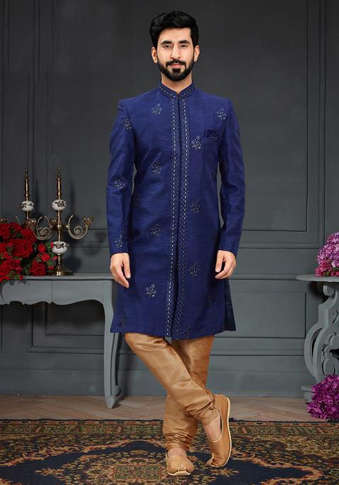 Blue Embroidered Indo Western Sherwani Set For Men