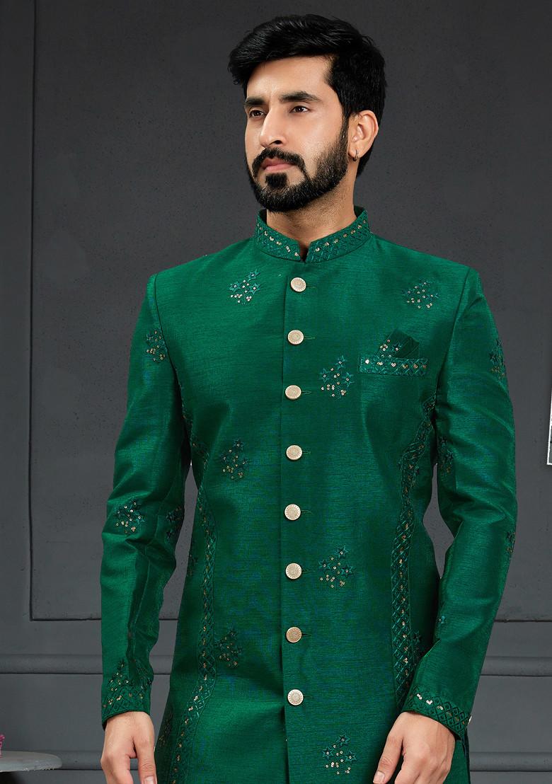 Green Embroidered Jacquard Indo Western Sherwani Set For Men