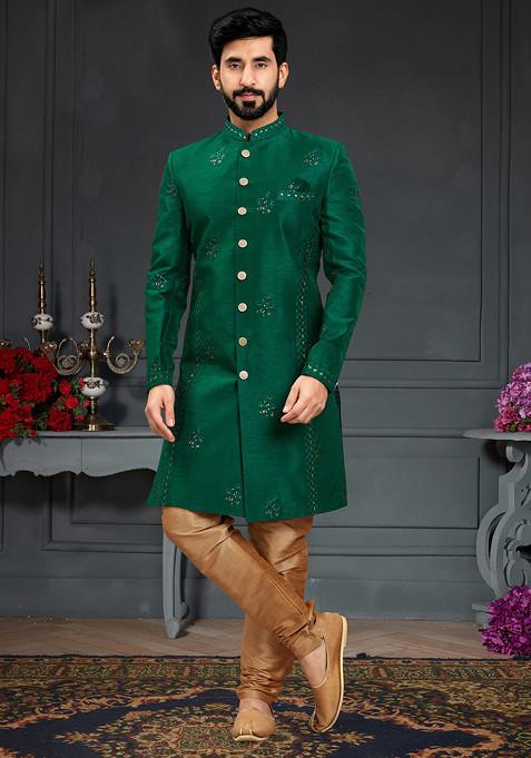 Green Embroidered Jacquard Indo Western Sherwani Set For Men