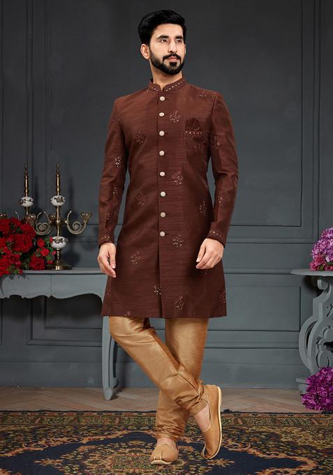 Brown Embroidered Jacquard Indo Western Sherwani Set For Men