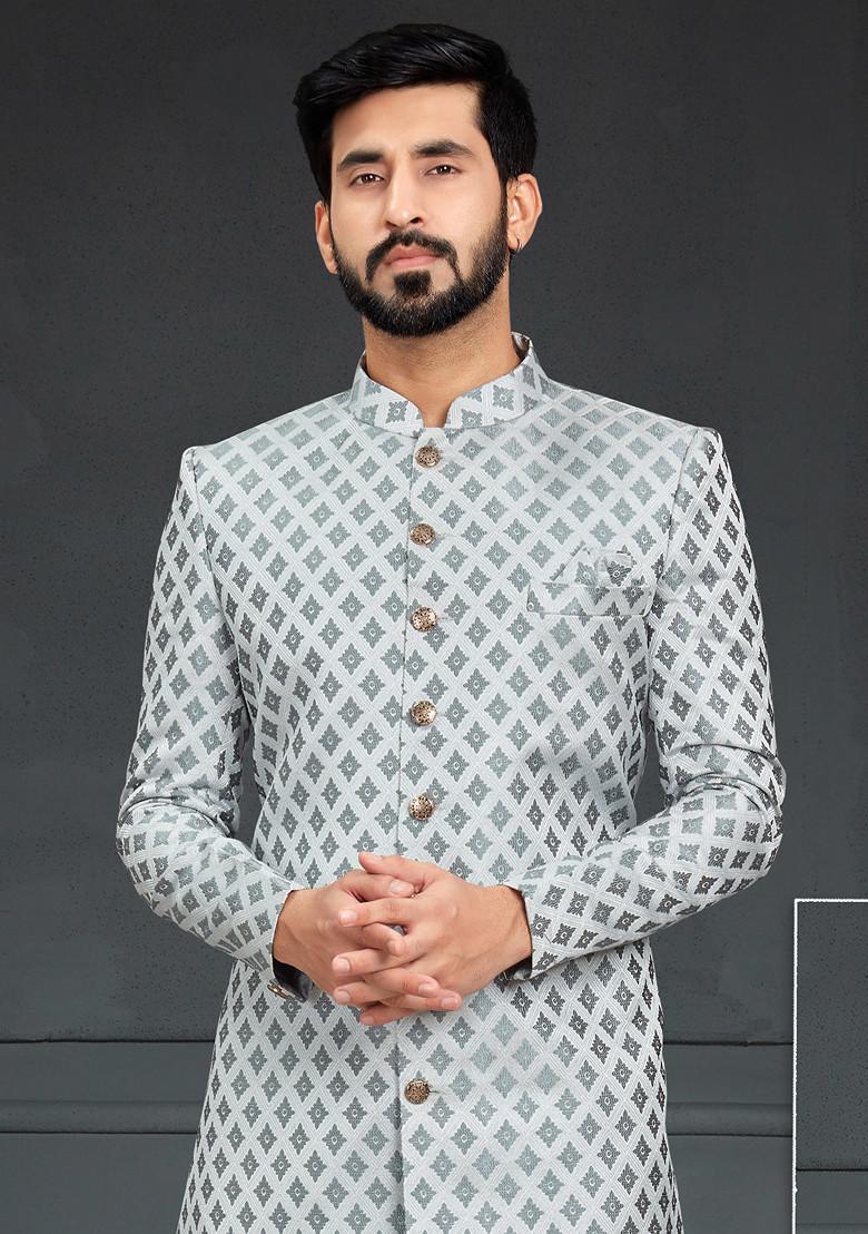 Grey Embroidered Jacquard Indo Western Sherwani Set For Men
