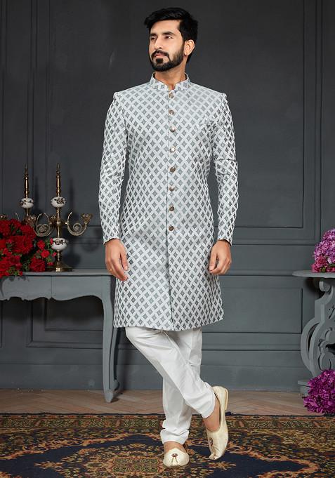 Grey Embroidered Jacquard Indo Western Sherwani Set For Men