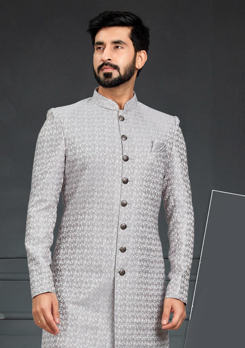Dusty Blue Embroidered Jacquard Indo Western Sherwani Set For Men