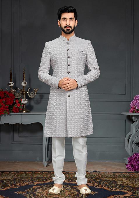 Dusty Blue Embroidered Jacquard Indo Western Sherwani Set For Men