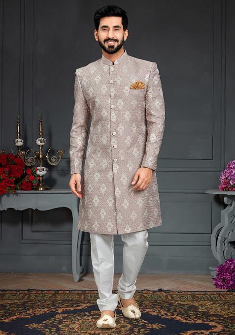 Dusty Silver Brown Embroidered Jacquard Indo Western Sherwani Set For Men