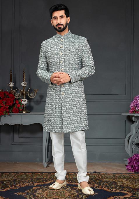 Dusty Green Embroidered Jacquard Indo Western Sherwani Set For Men