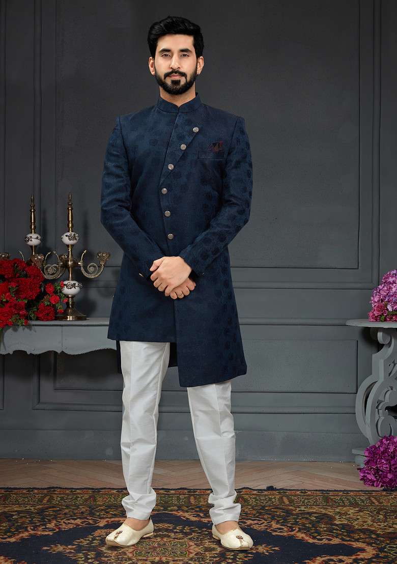 Navy Blue Embroidered Jacquard Indo Western Sherwani Set For Men - Indya