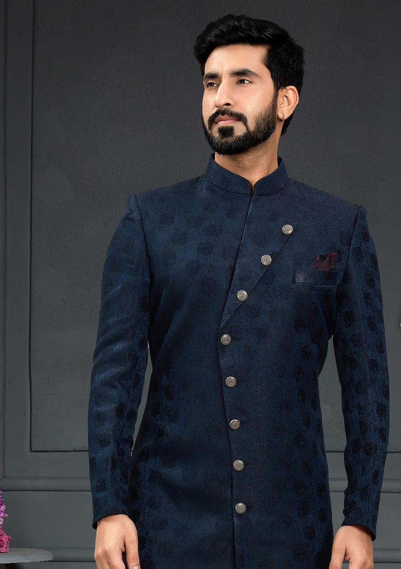 Navy Blue Embroidered Jacquard Indo Western Sherwani Set For Men