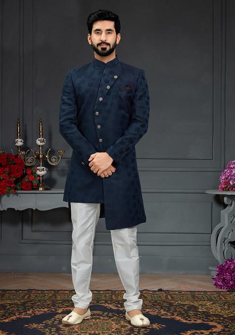 Navy Blue Embroidered Jacquard Indo Western Sherwani Set For Men