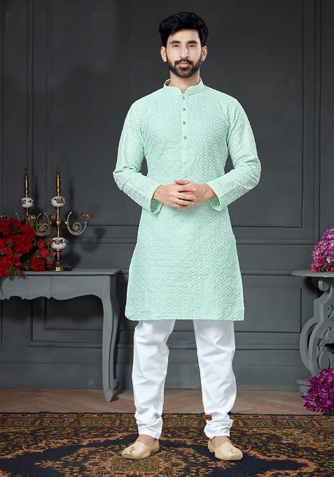 Sky Pista Embroidered Cotton Art Silk Kurta Set For Men