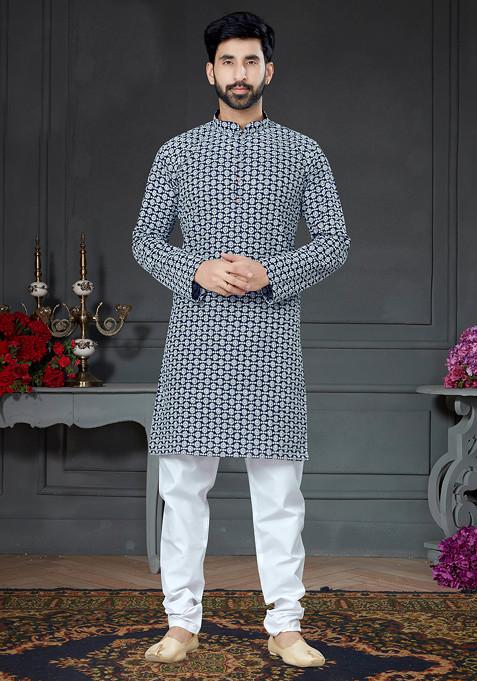 Navy Blue Embroidered Cotton Art Silk Kurta Set For Men