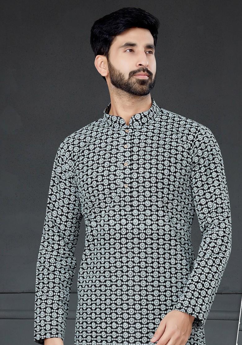 Black Embroidered Cotton Art Silk Kurta Set For Men
